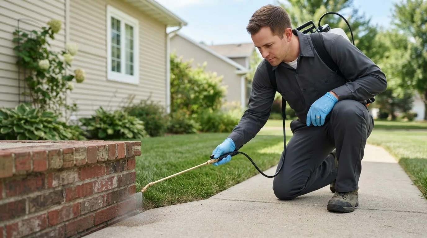 Pest control technician treating a home near Webb City, MO
