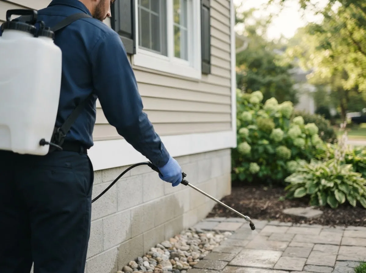 Pest control technician inspecting a home in Webb City, MO